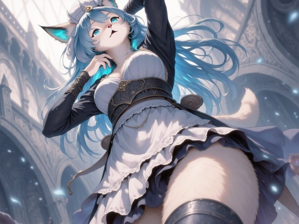 Furry Cat Knight Riding Velociraptor in Guildhall