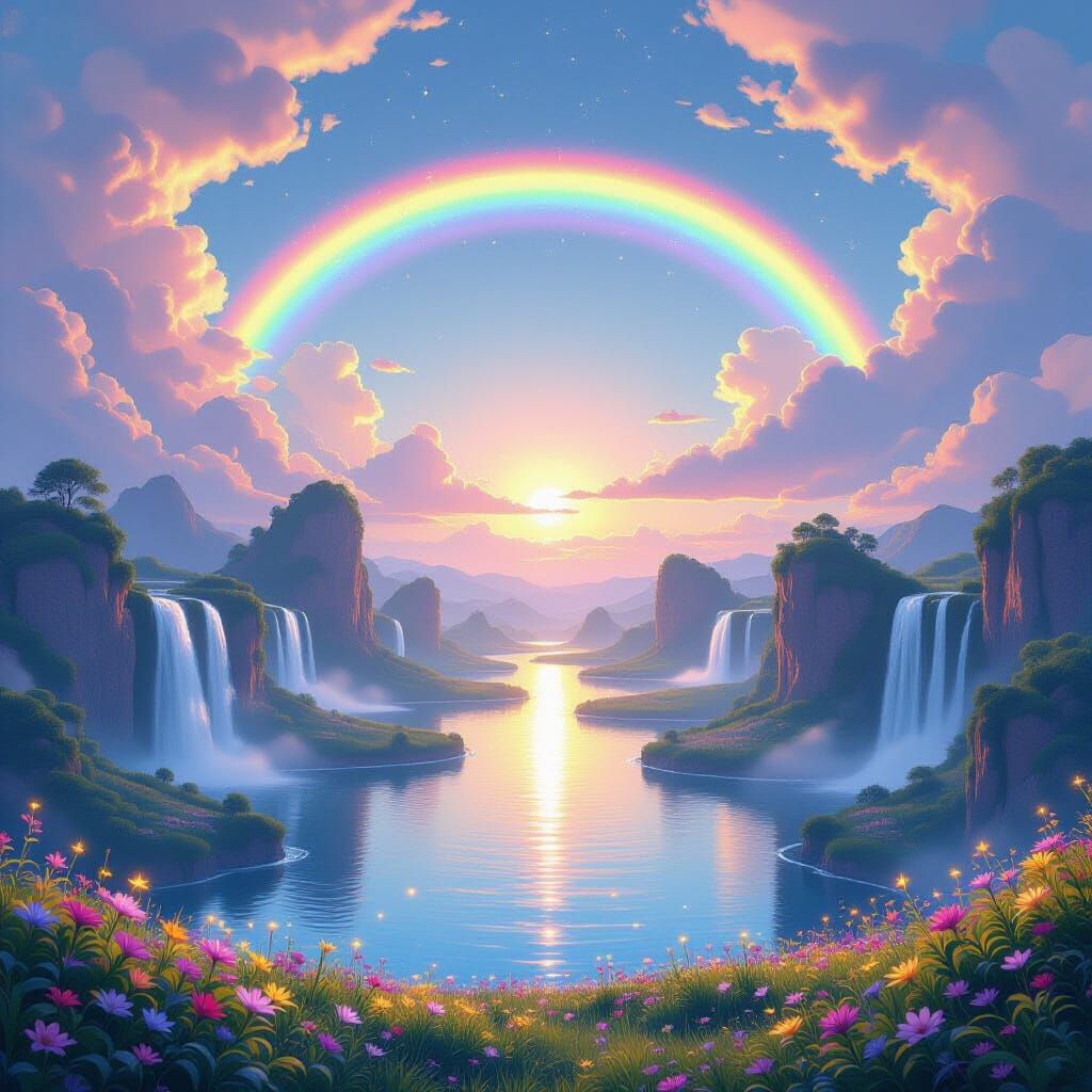 Floating Islands with Rainbow, in Anime Style