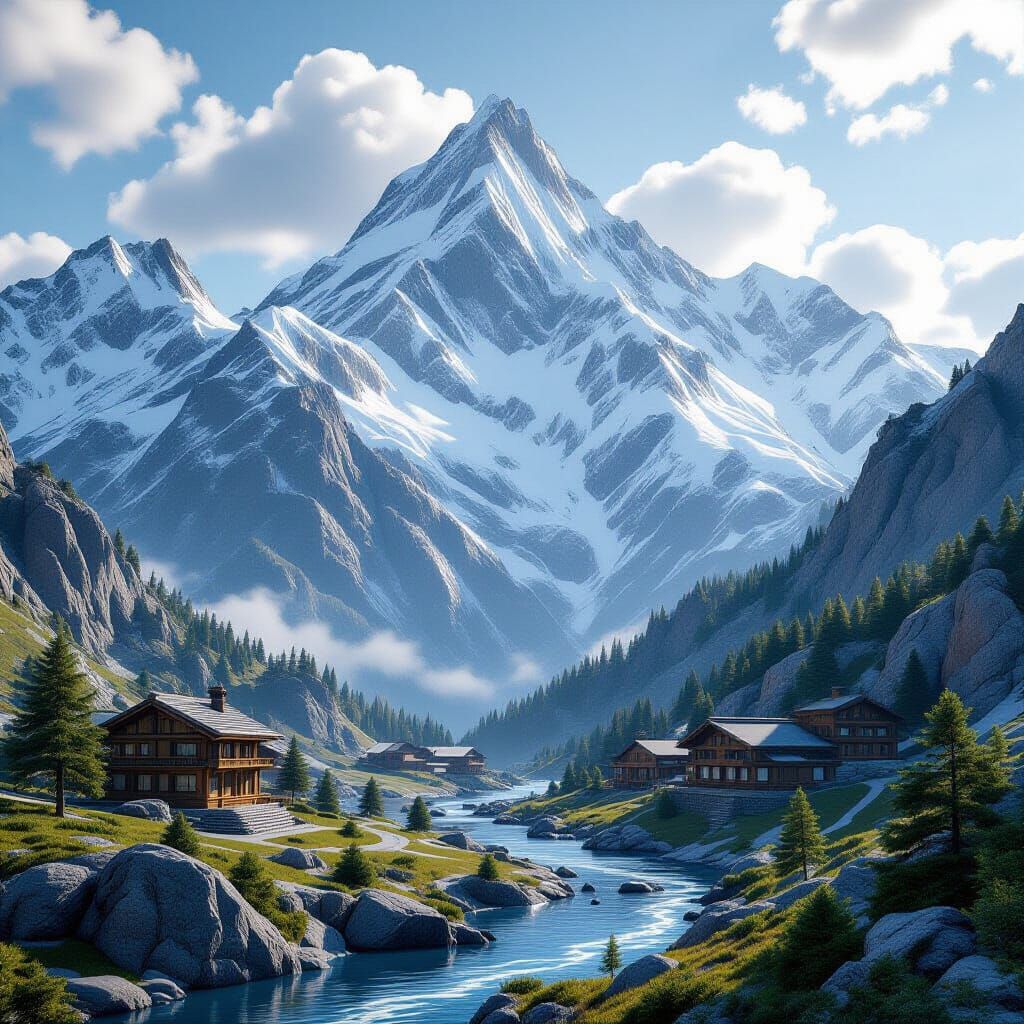 Detailed Wooden Mountain Scene in 3D