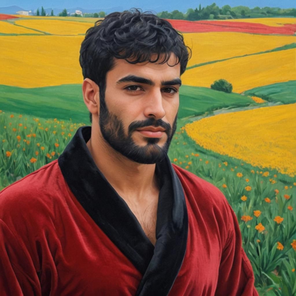 Hirsute Man in Red Velvet Robe, Studio Portrait