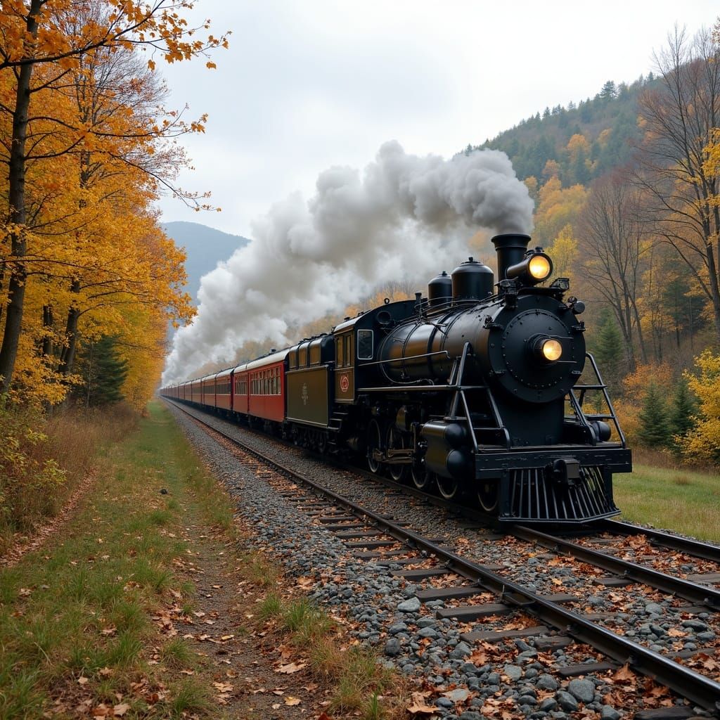 A restored steam locomotive and passenger train.  It is trav...