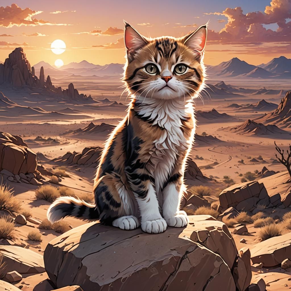 Grumpy Kitten at Desert Sunset in Manga Style