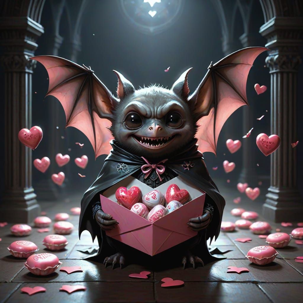 Gothic Bat in Valentine Envelope with Hearts and Stars