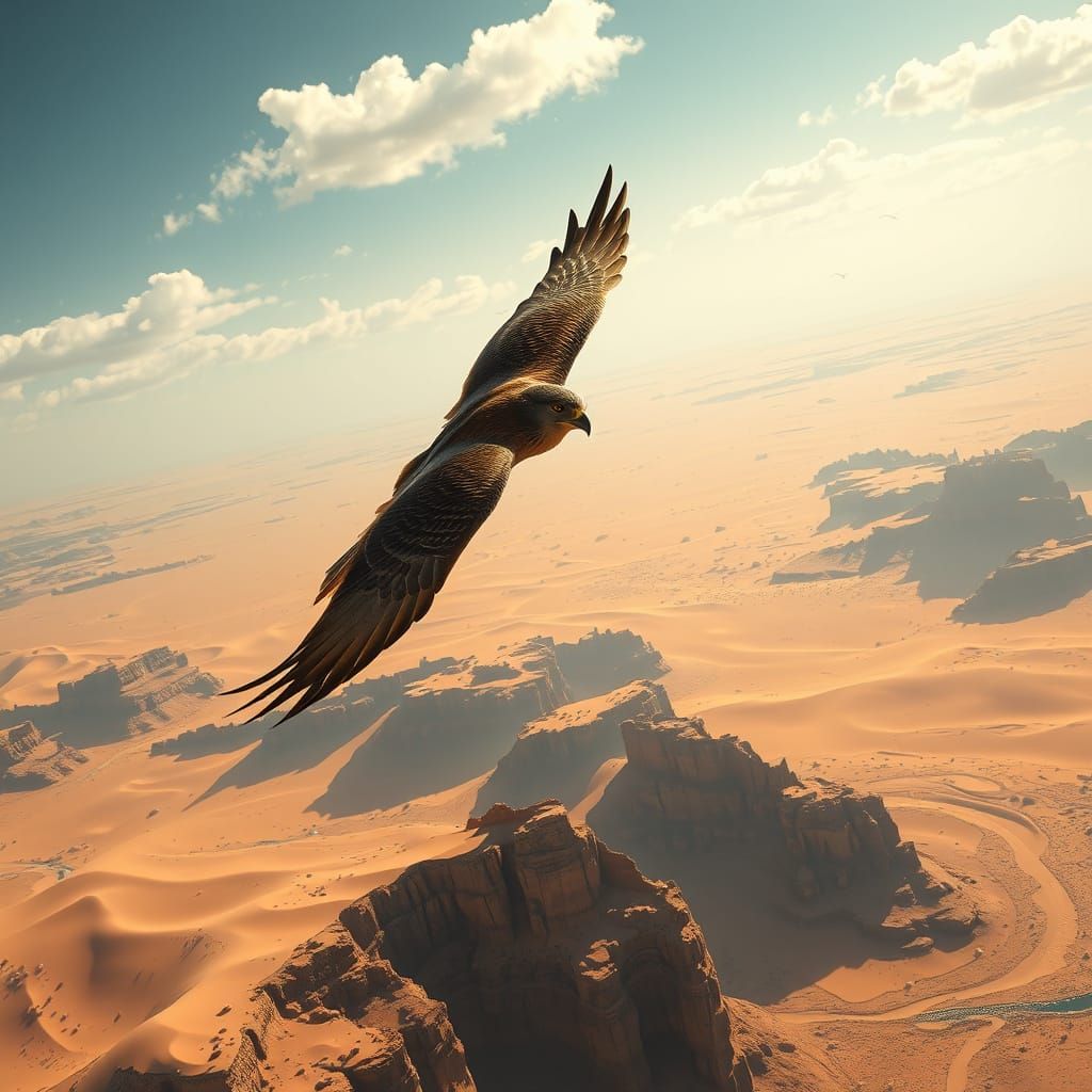 Falcon Soaring Over Arabian Desert, Detailed Matte Painting