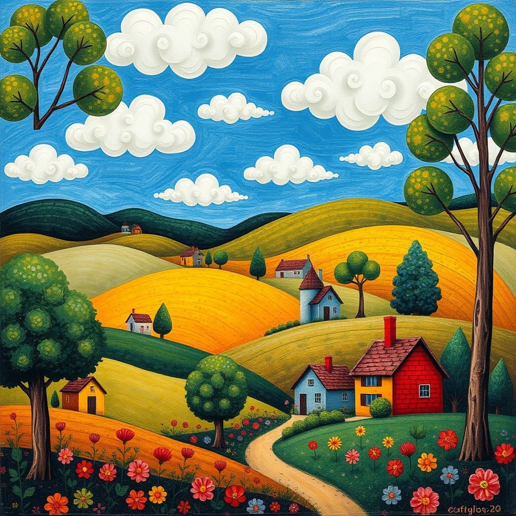 Colorful Village Scene in Naive Folk Art Style