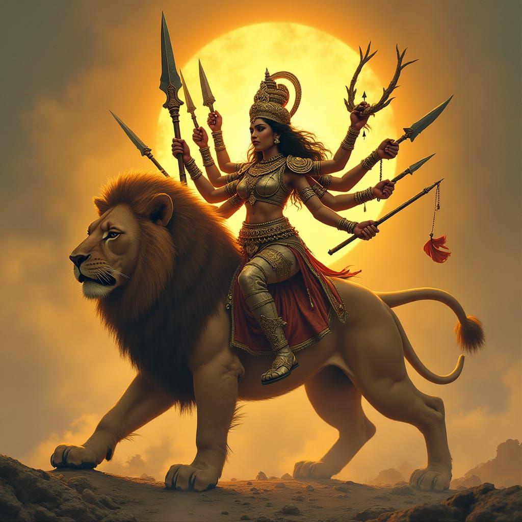 Goddess Durga on Lion in Indian Fantasy Art