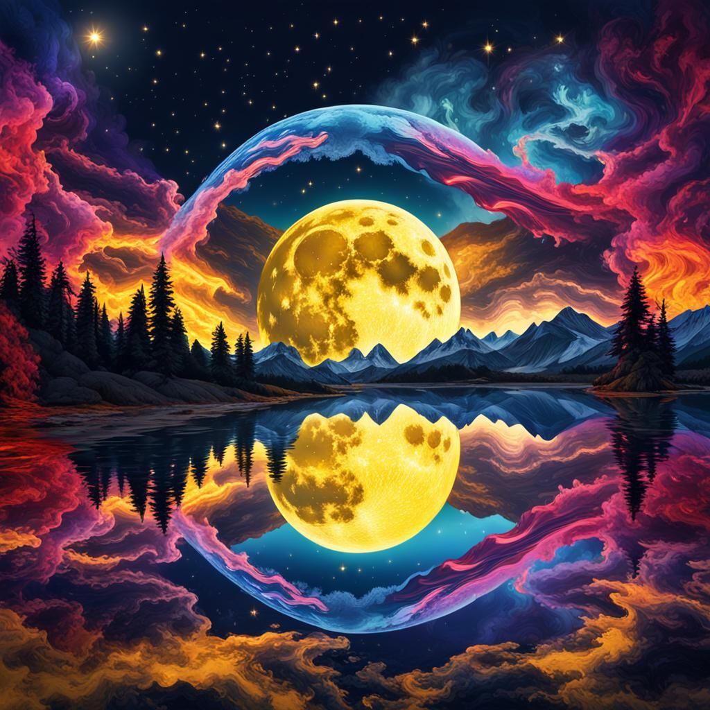 Surreal Moon Over Alpine Lake With Ink