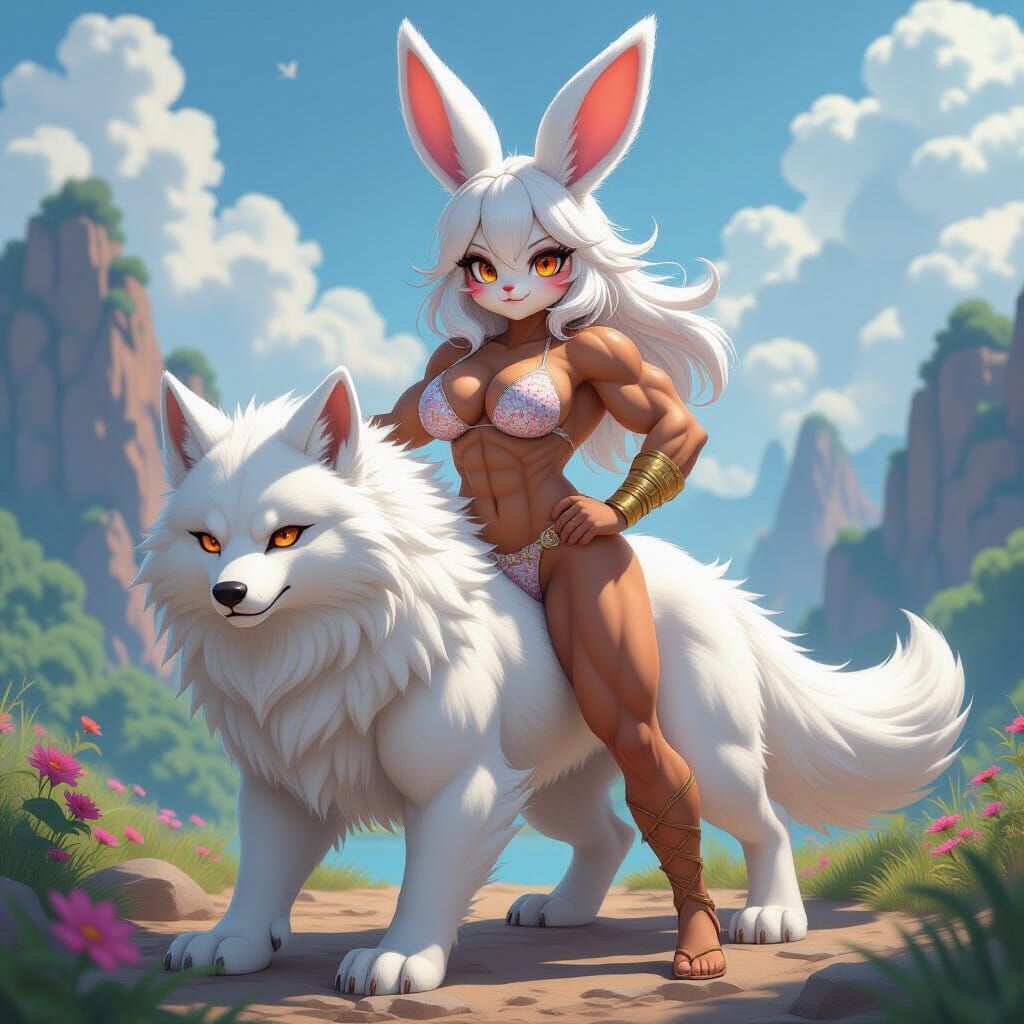 Victorious Anthropomorphic Bunny Warrior in Anime Style