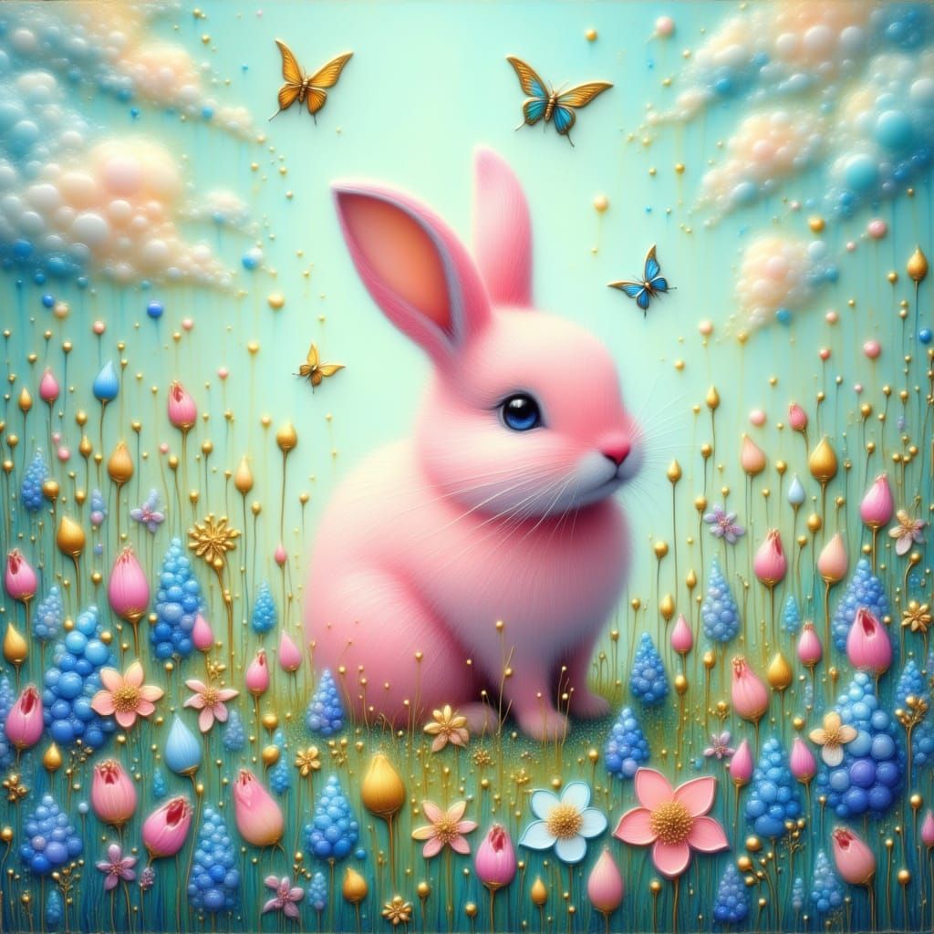 Whimsical Pink Bunny in Luminous Bluebell Field