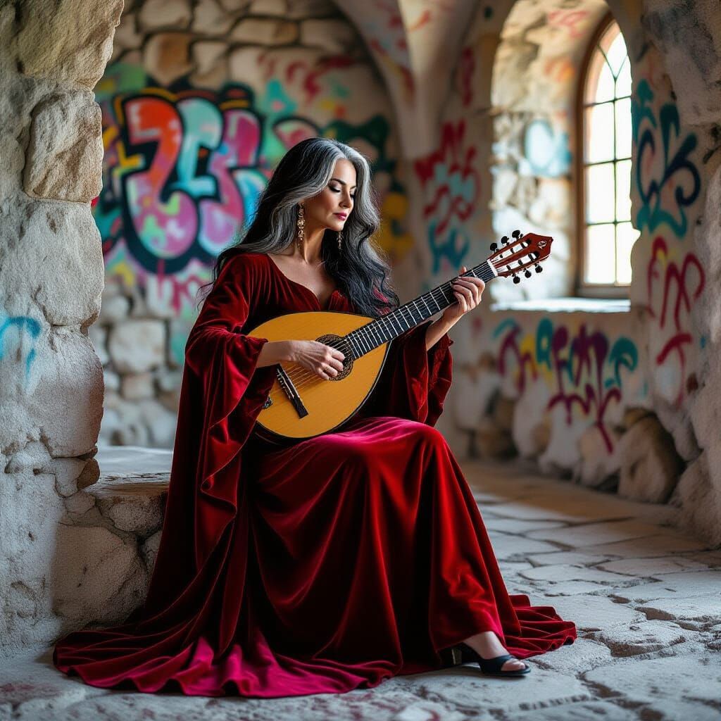Woman in Red Velvet Plays Lute in Graffiti Castle