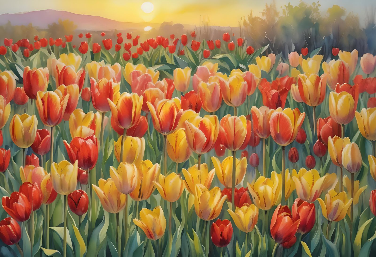 Red Tulips in Golden Hour: Gouache Impressionism