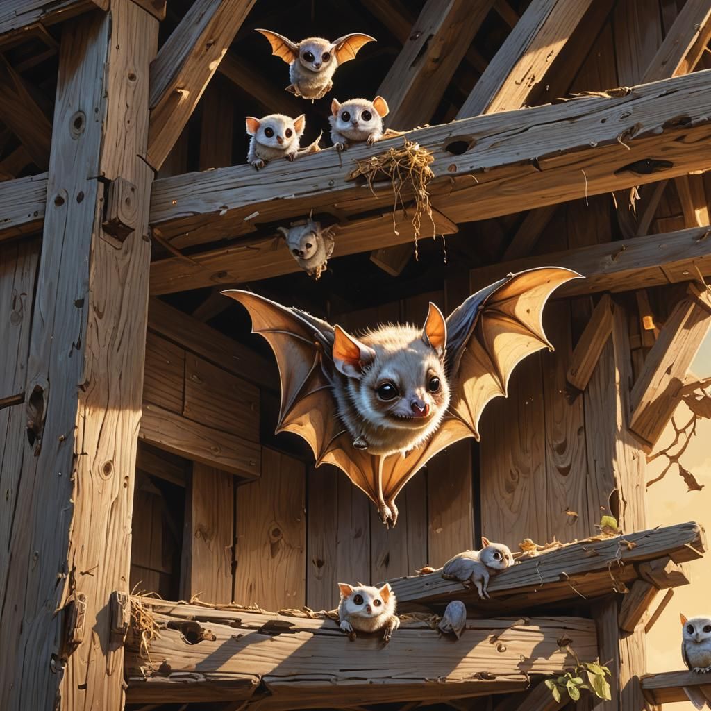 Baby Bat with Barn Owls: Fantasy Digital Painting