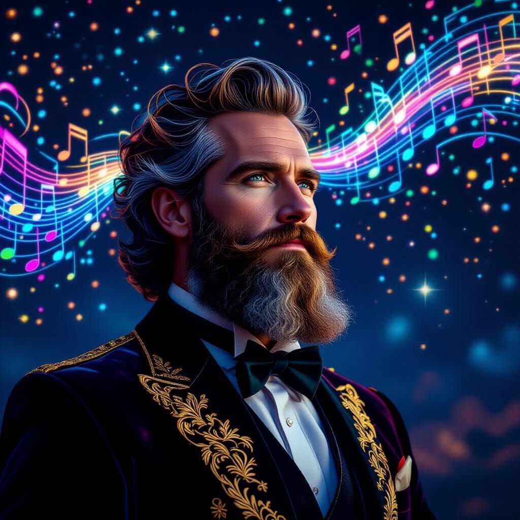 Cosmic Composer with Musical Note Beard