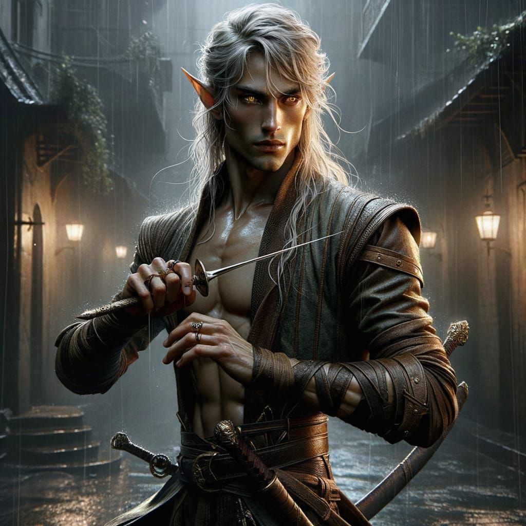 Elven Bladesinger With Street Urchin Soul in Rainy Alley