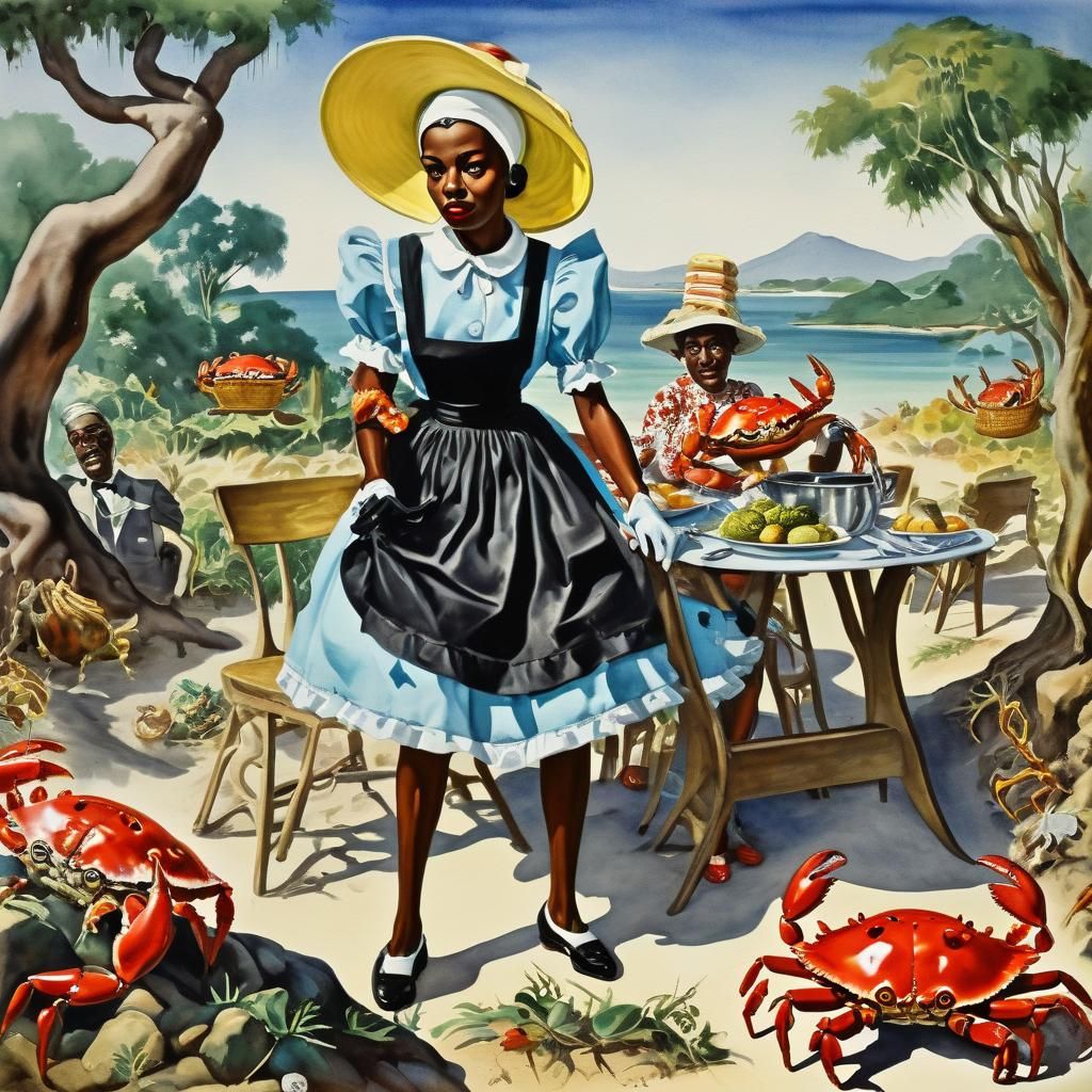 Surrealistic Vintage Sadistic Nigerian French Maid sloppily serves her irrational patrons kippered Crabs Al fresco in Ja...