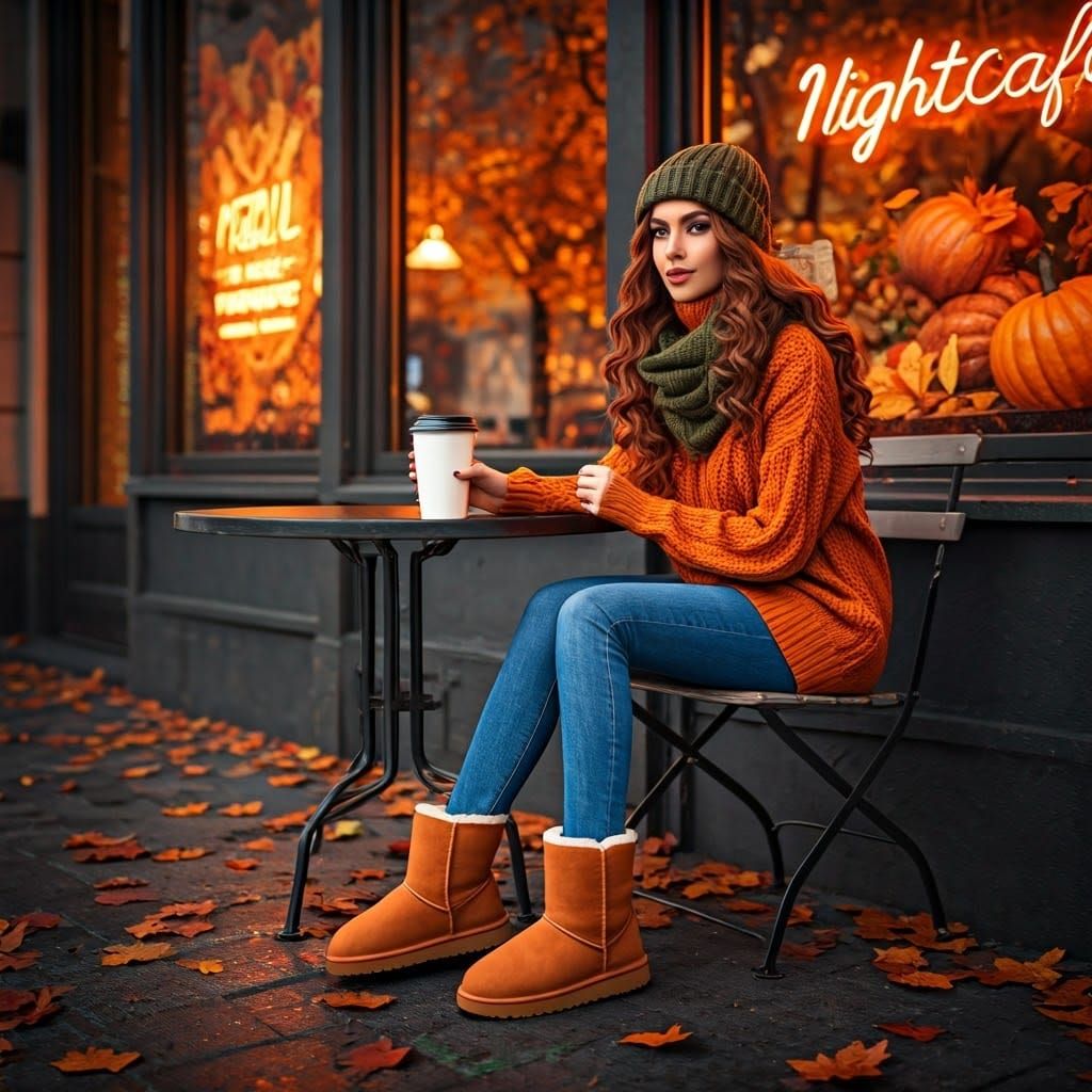 Elegant Woman in Burnt Orange Sweater Dress with Autumn Leav...