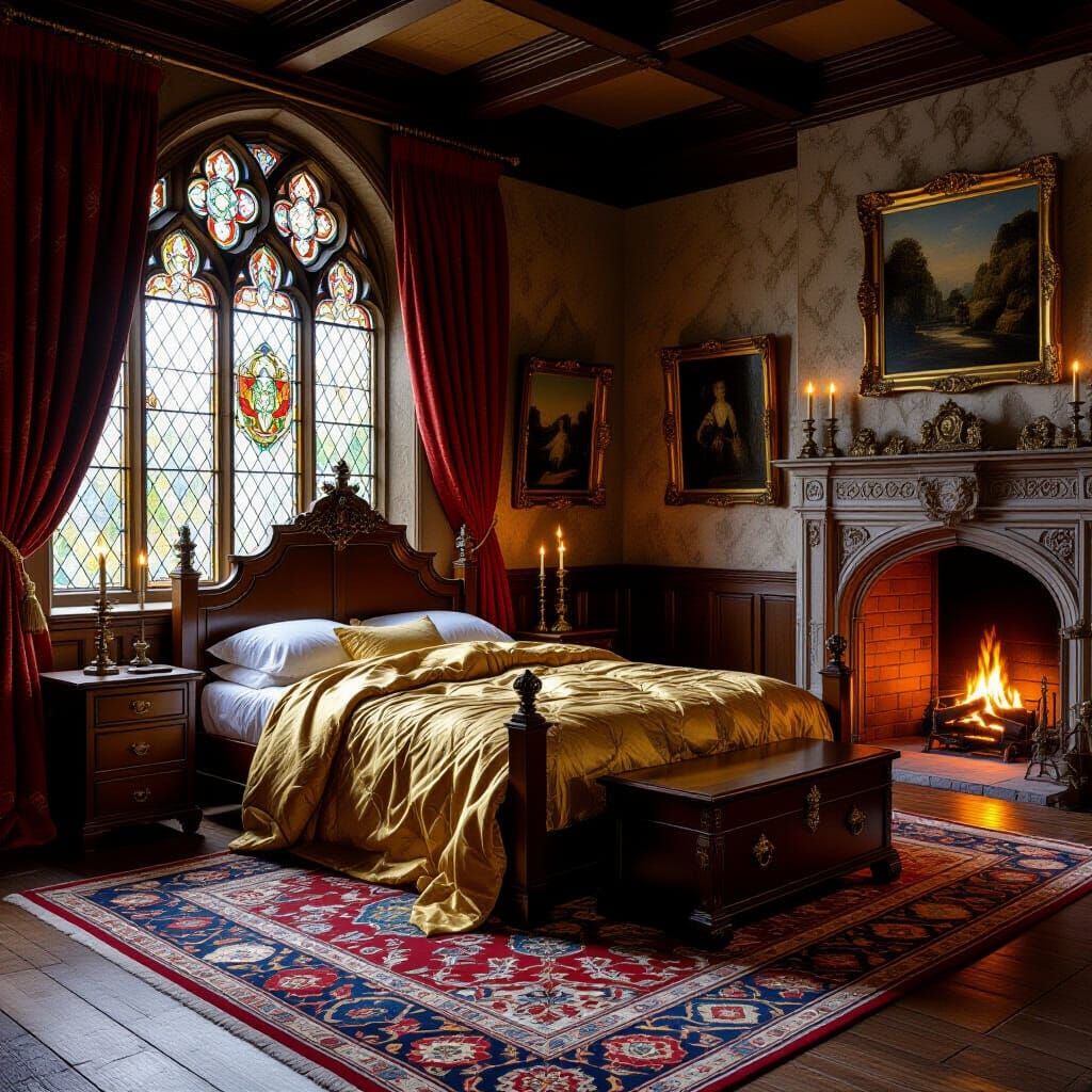 Medieval Manor House With Golden Bedding as Neoclassical Pai...