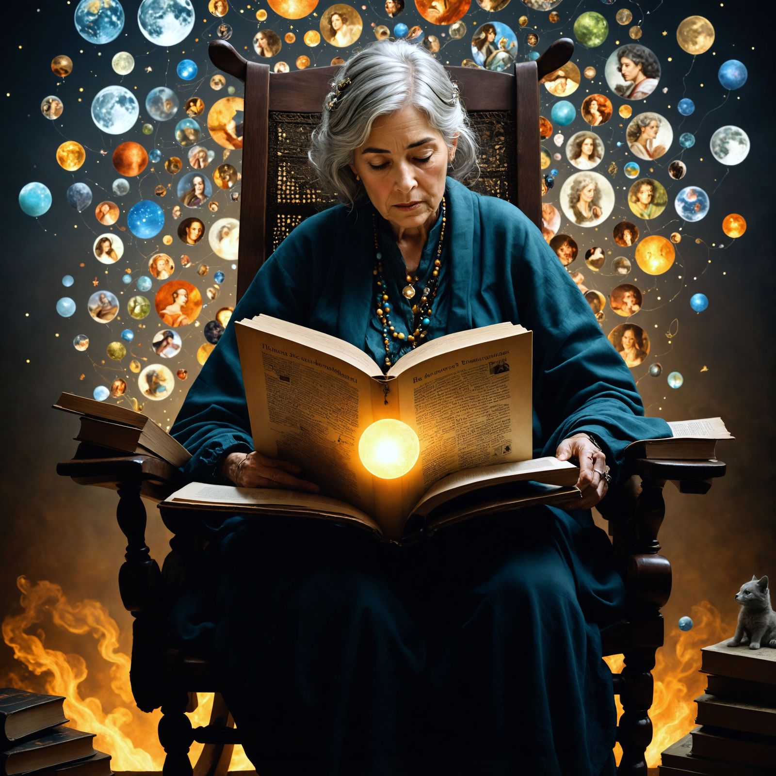 Dreamy Woman in Rocking Chair with Thought Bubbles