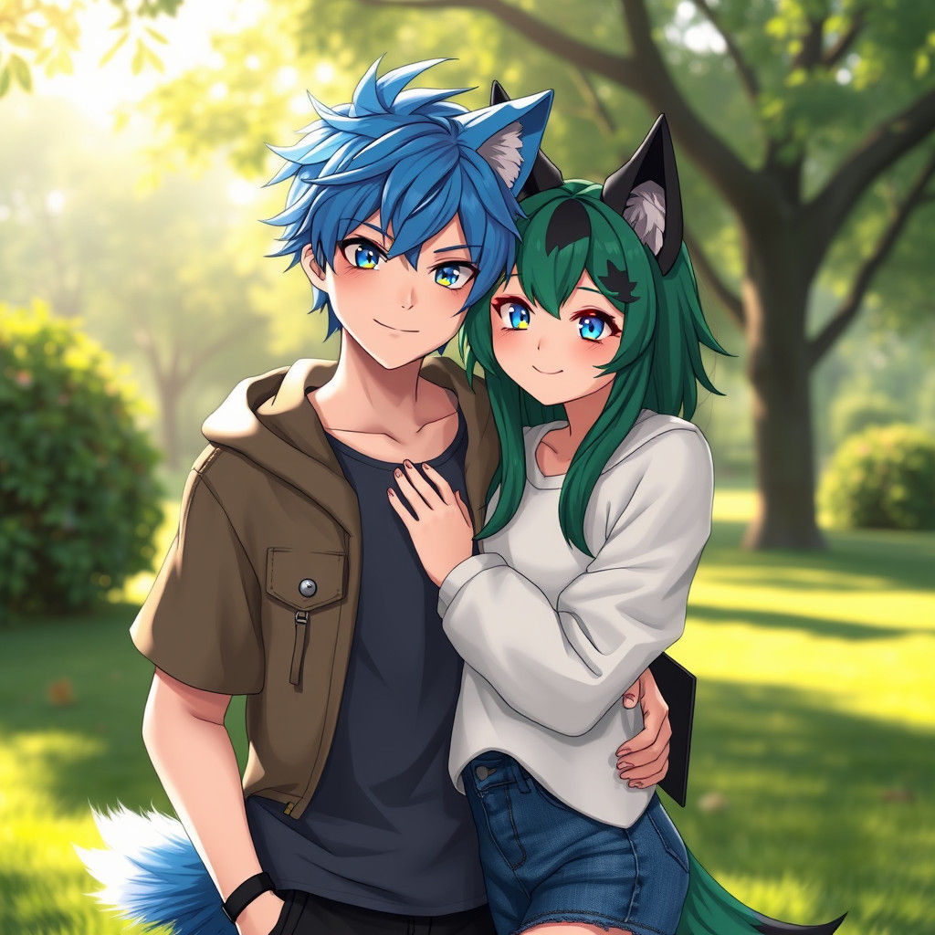 Anime Boy and Girl with Animal Features in Park