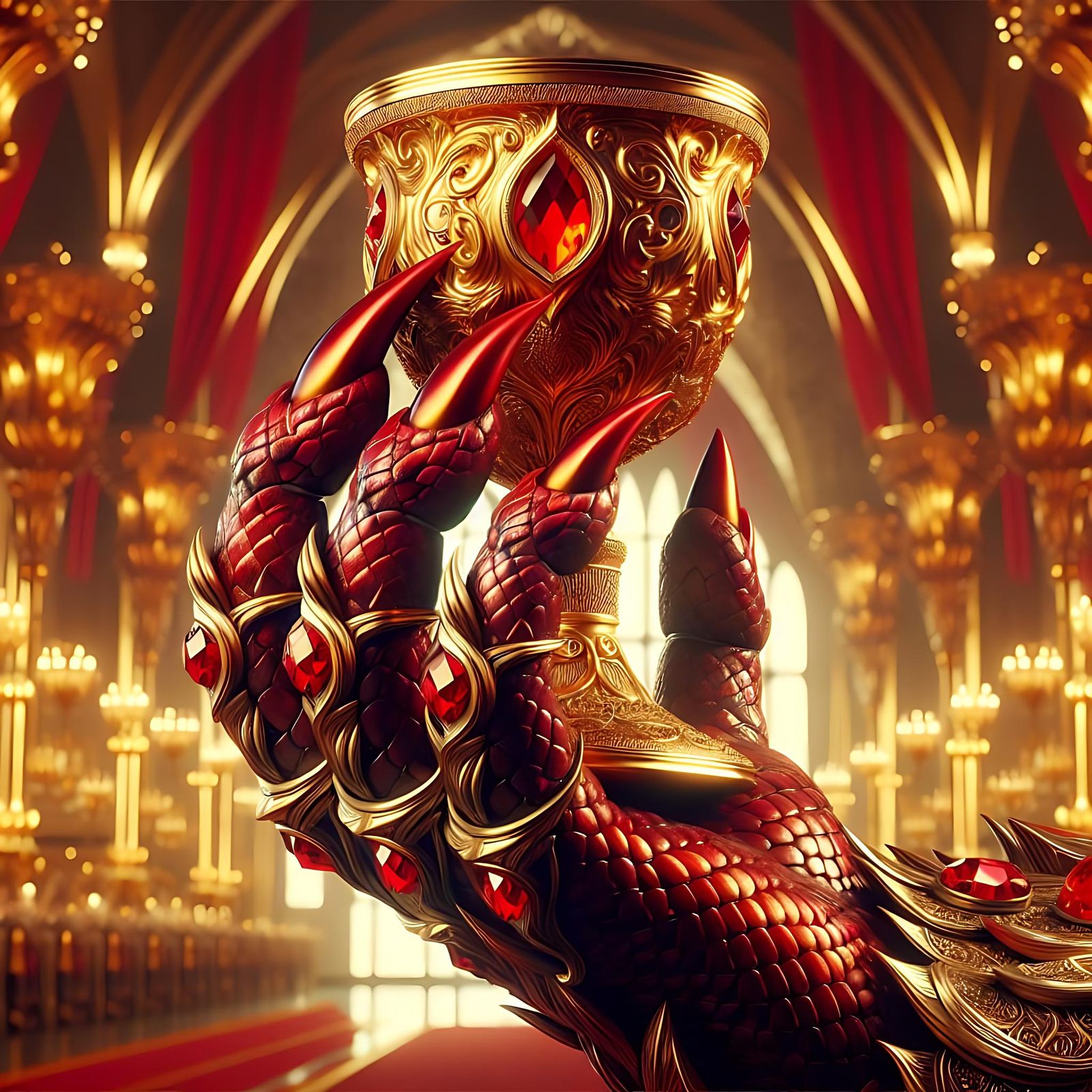 Red Dragon Claw Holds Golden Goblet