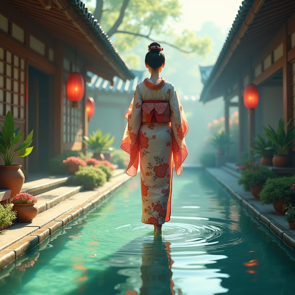 Geisha in Tranquil Hot Spring, Ghibli-Inspired