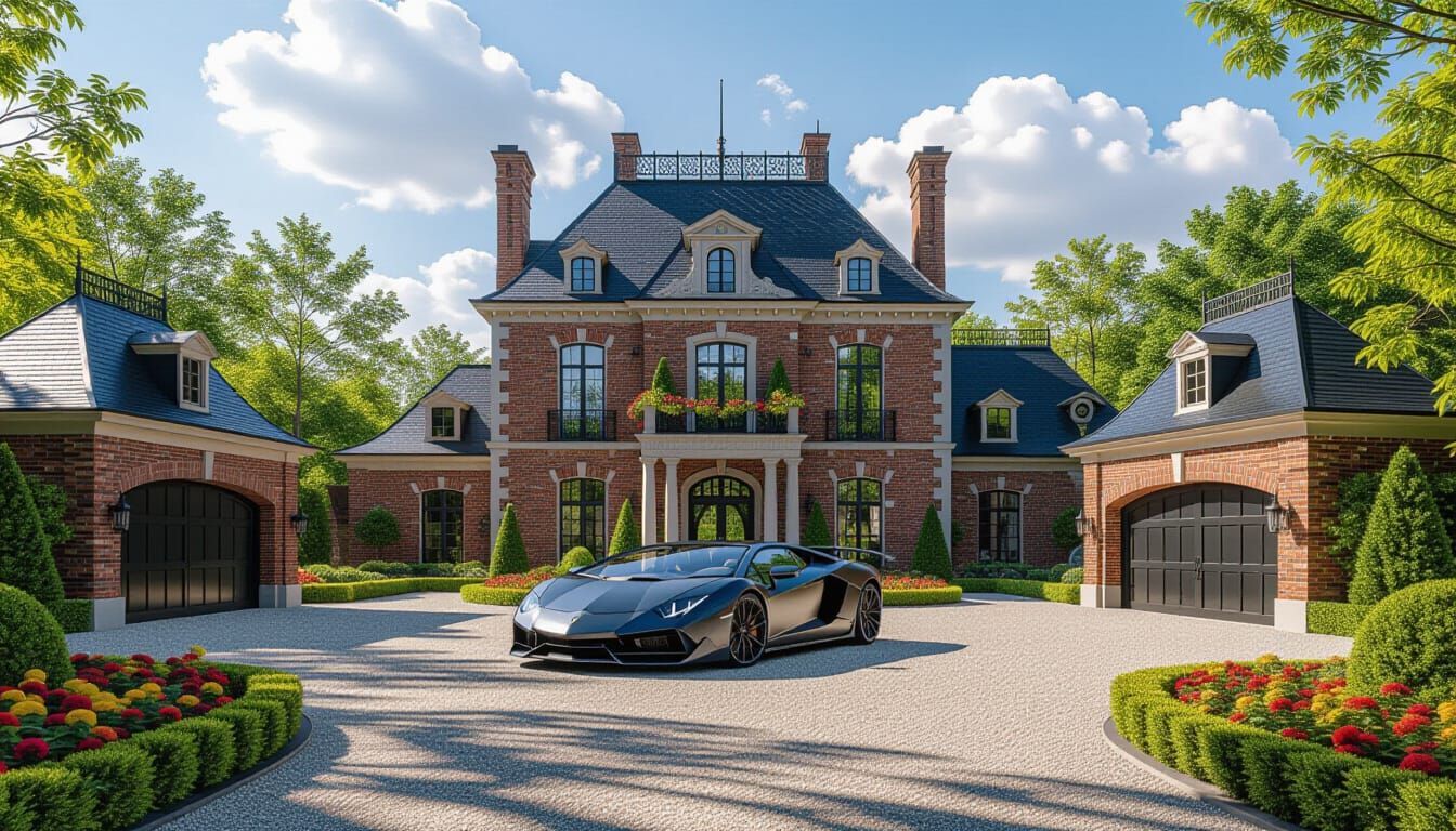 Victorian Chateau with Lamborghini in Summer Garden