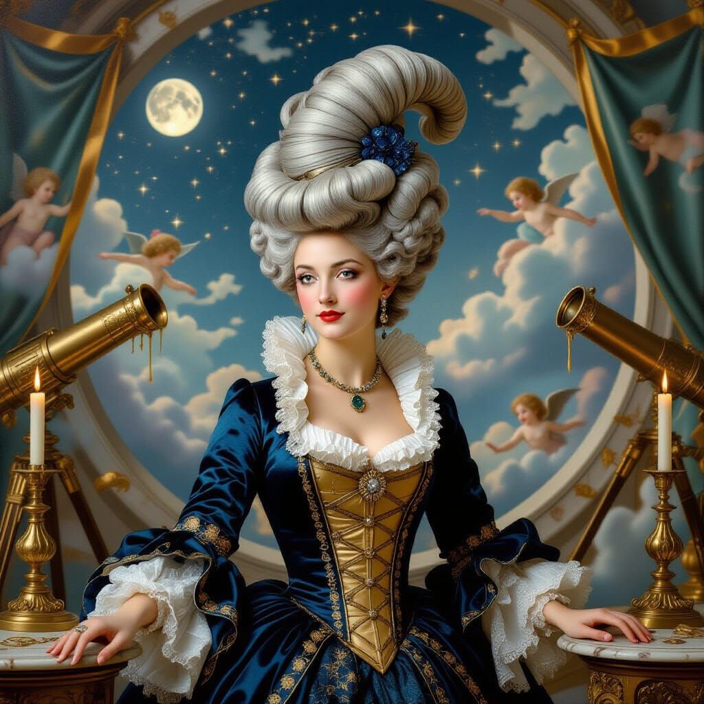 Rococo Astronomer with Galaxy Wig in Moonlit Observatory