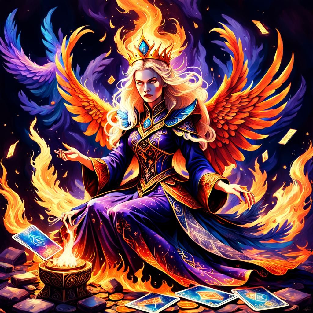 Blonde Phoenix Queen Surrounded by Tarot Cards