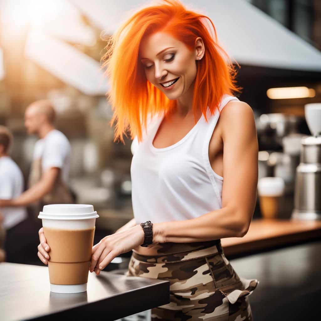 Woman with Orange Hair Orders Coffee in Sunshine