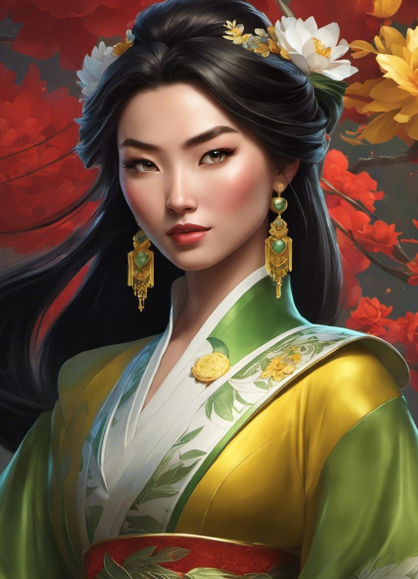Mulan Portrait in Chinese Court Dress, Hyperdetailed Art