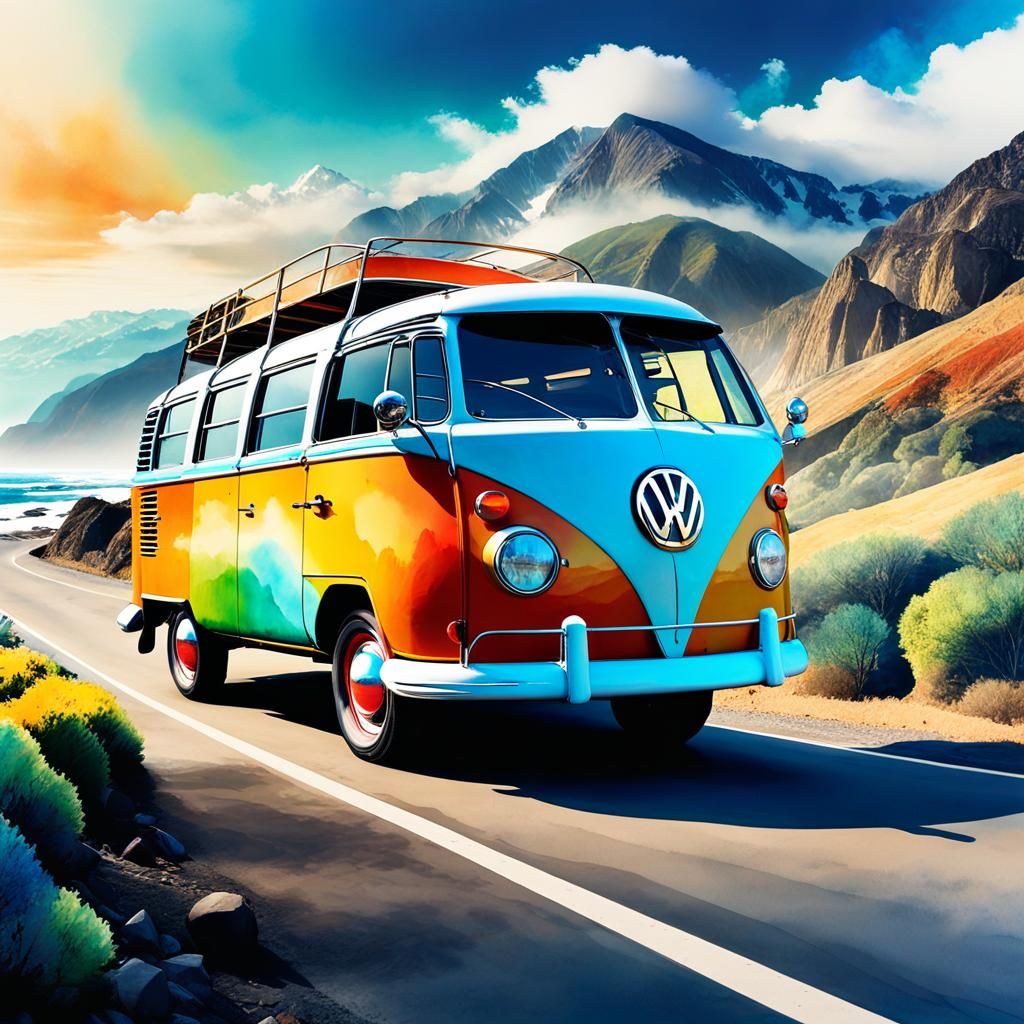 California Road Trip Dreams: Watercolor Double Exposure