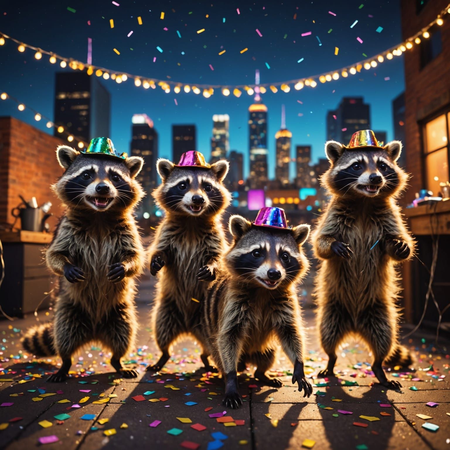 Raccoon Rooftop Party Under City Lights