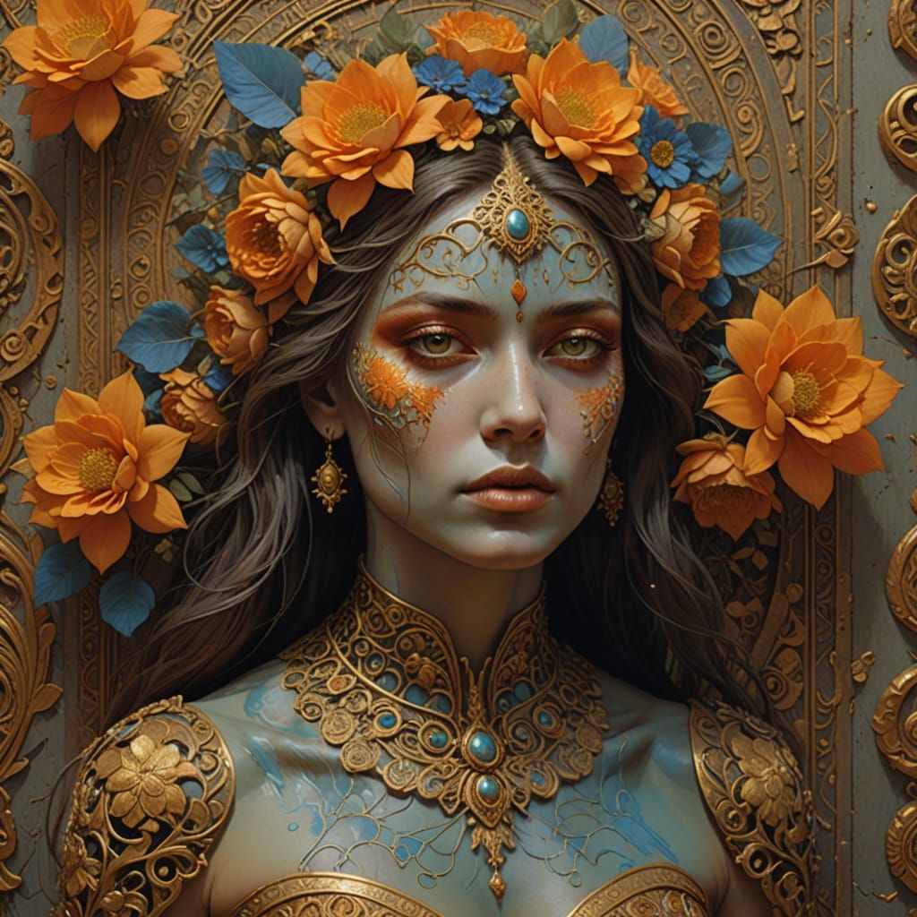 Woman's Body Painted to Match Antique Floral Wall