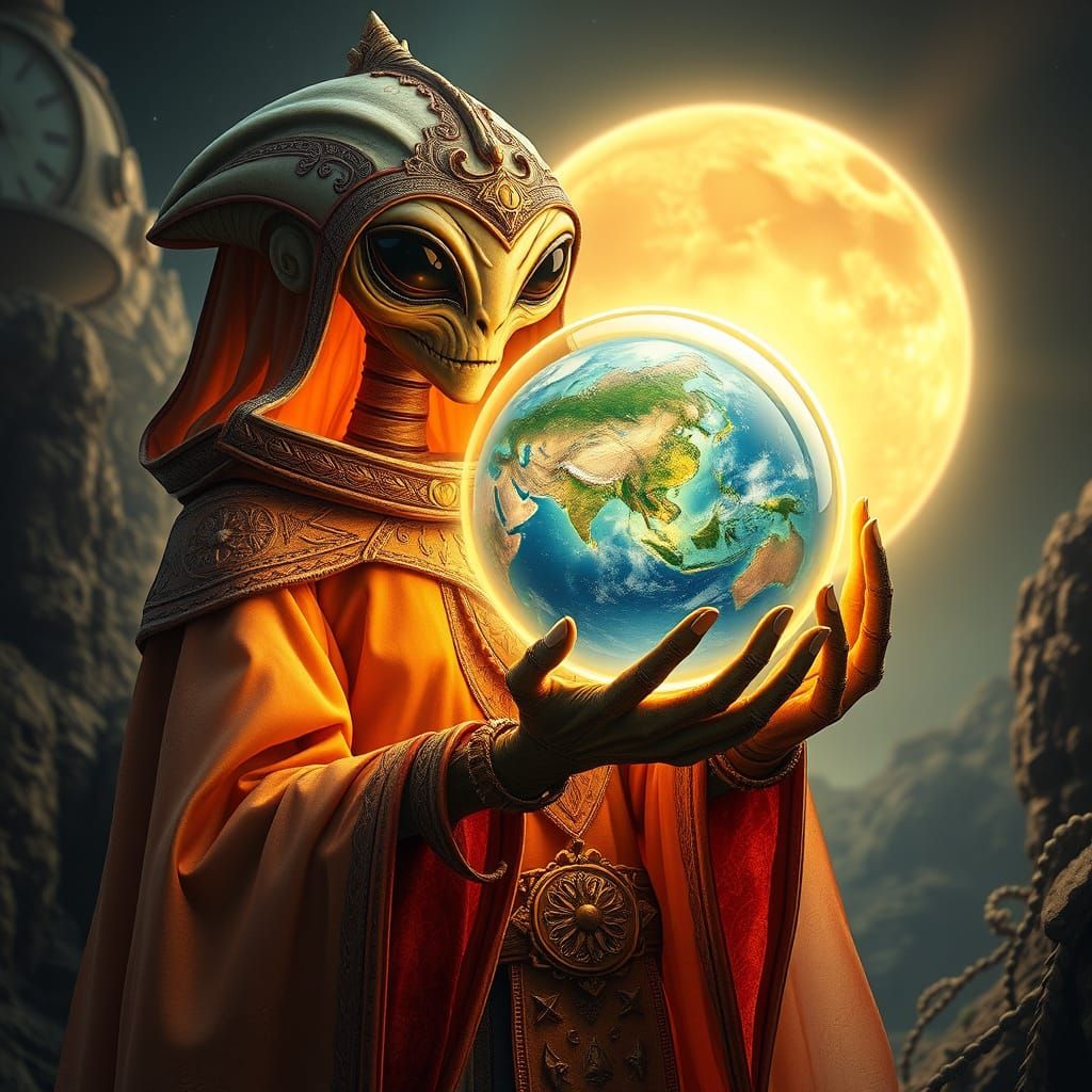 Alien with Earth in Crystal Ball, Cosmic Art