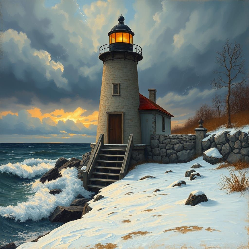 Maine Lighthouse in Winter Storm, Expressive Painting