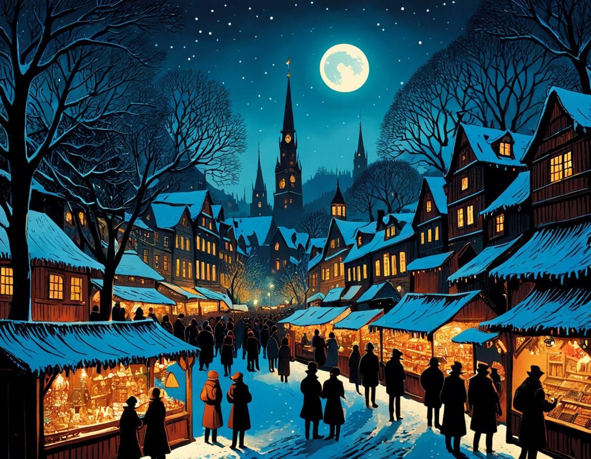 Victorian-Style Christmas Market Scene with Intricate Detail...