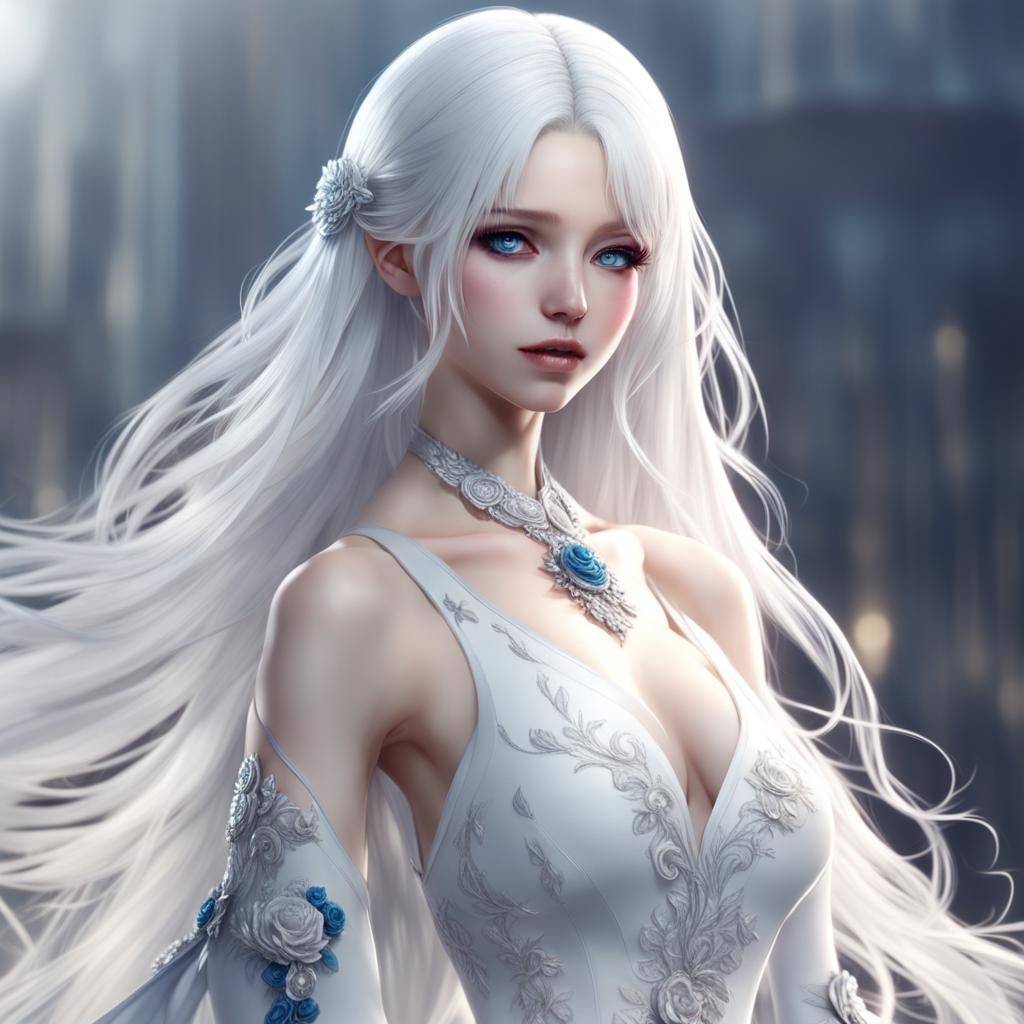 White-haired Woman with Silver Eyes in 8K
