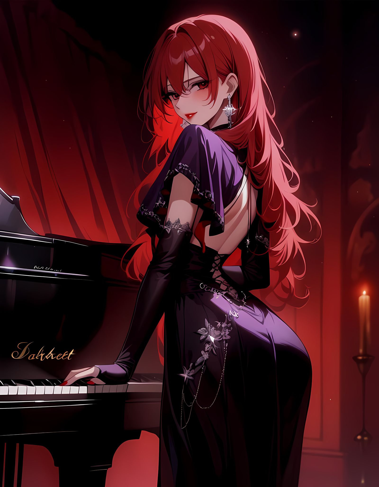 Glamorous Redhead Rockstar Leans on Piano in Cabaret