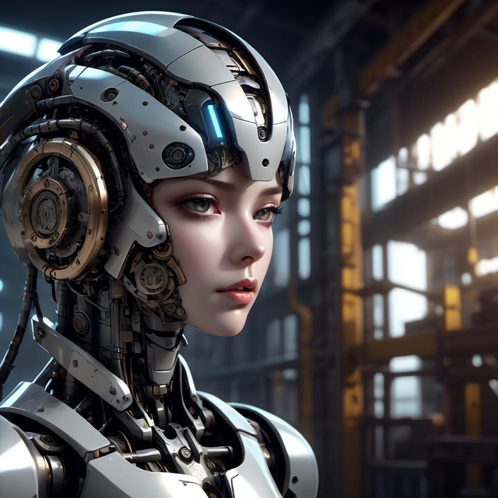 Robot's Melancholy Portrait in Desolate Factory