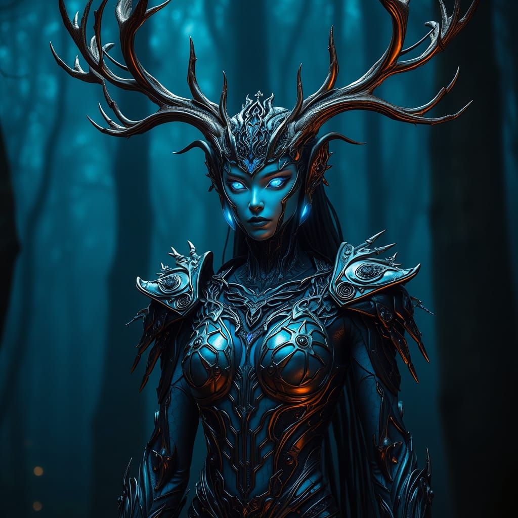 Biomechanical Forest Queen in Futuristic Organic Style