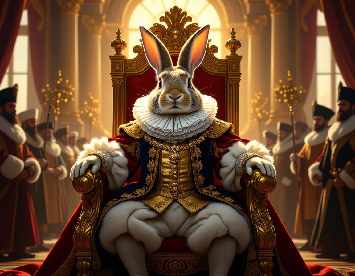 Majestic Rabbit King in Lavish Palace, Classical Painting
