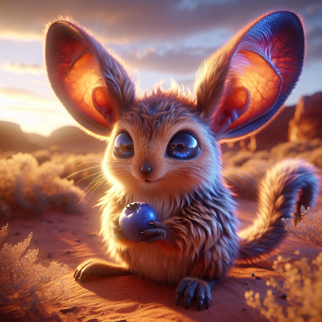Enchanted Desert Jerboa Holds Glowing Blueberry