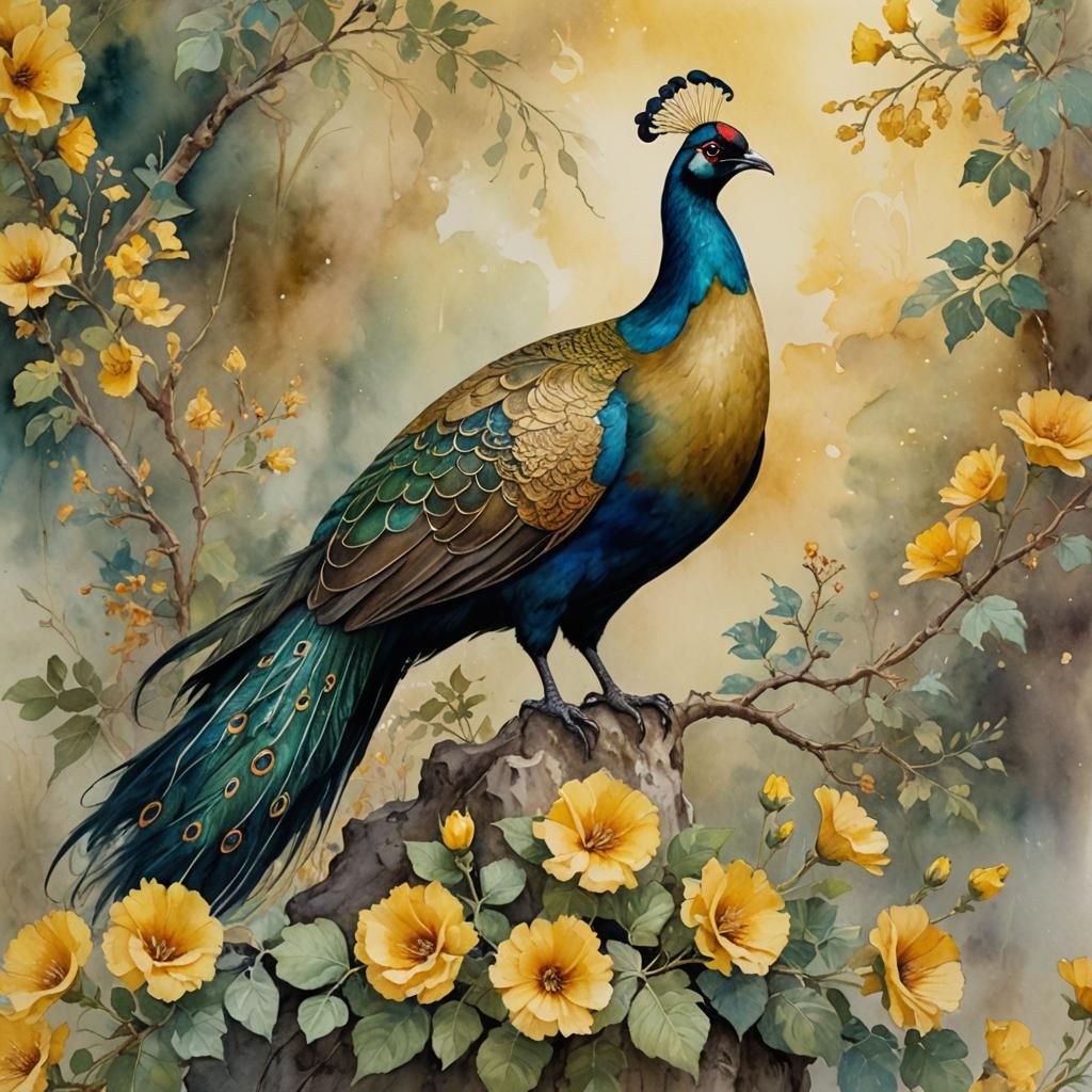 Himalayan Monal with Hollyhock: Watercolor and Ink