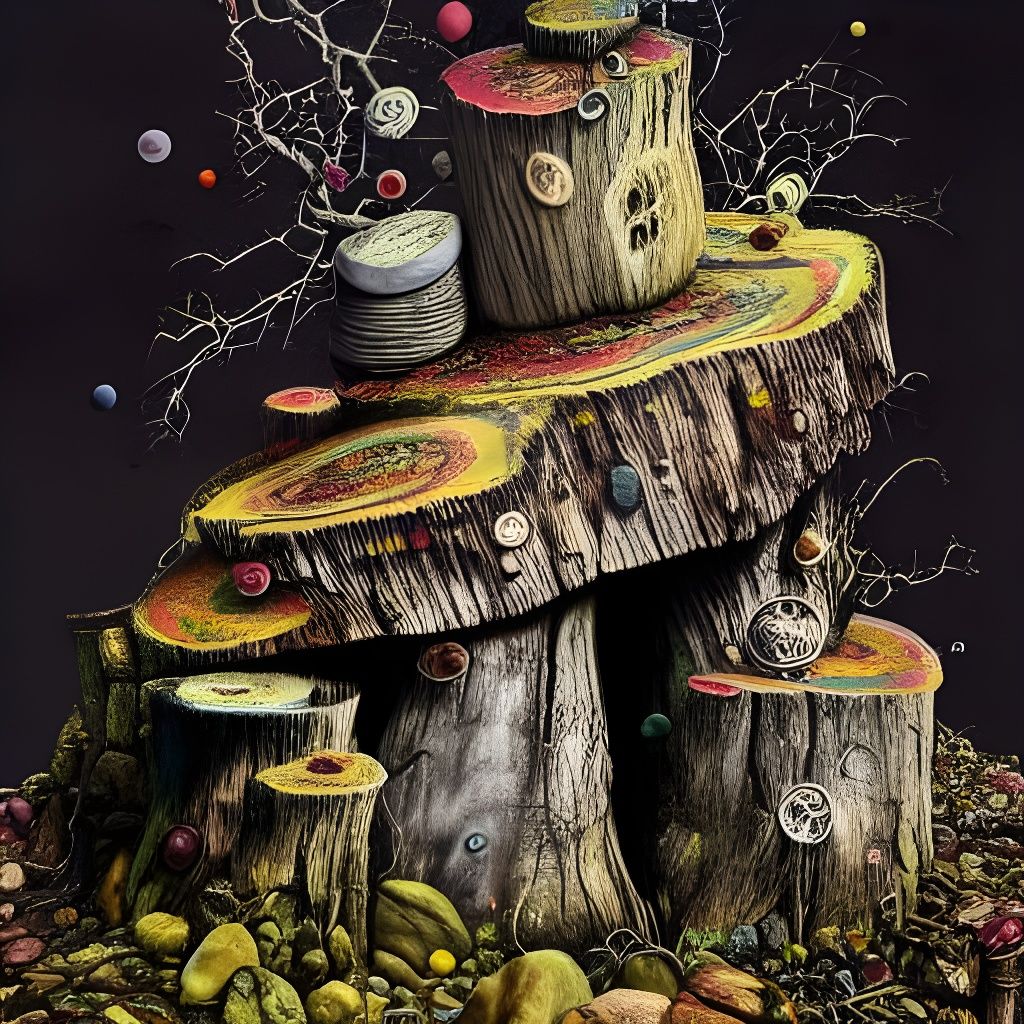 Colorful Pebbles on Tree Stump: Mixed Media Illustration