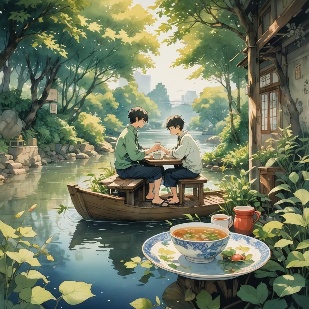 Anime-Style Miniature Riverside Scene in Golden Light