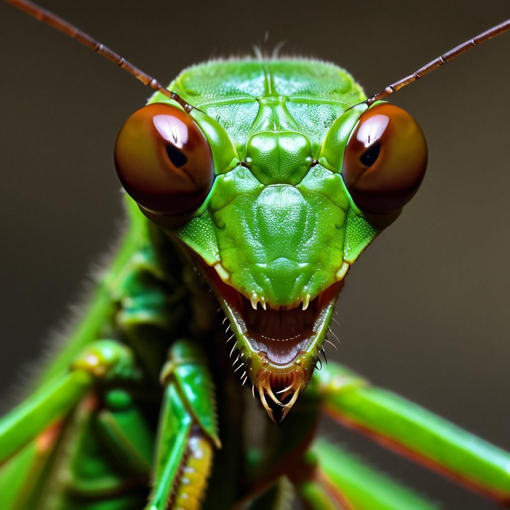 Menacing Praying Mantis in Horror Movie Style