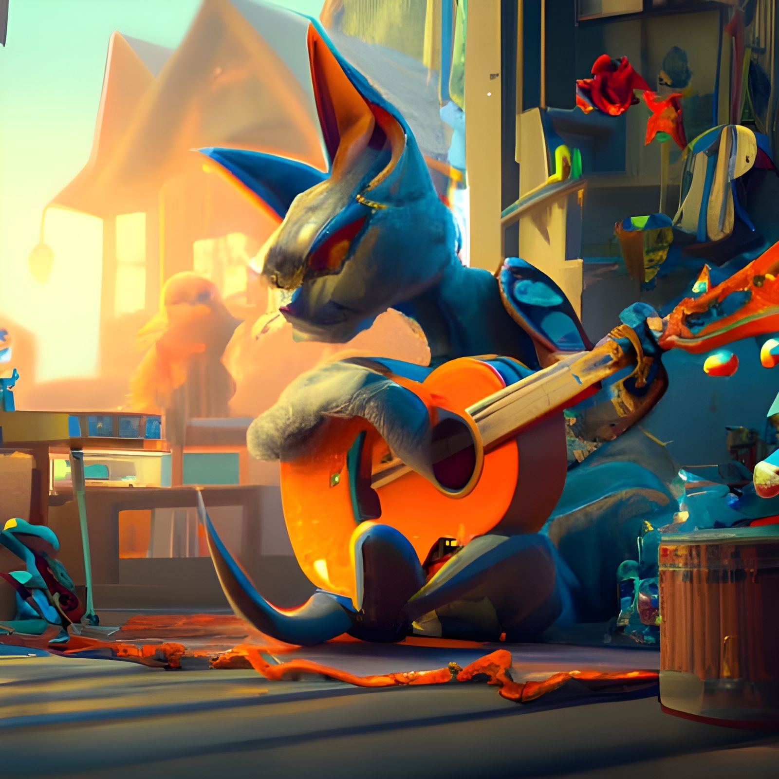 Cat Playing Guitar in Detailed Digital Painting