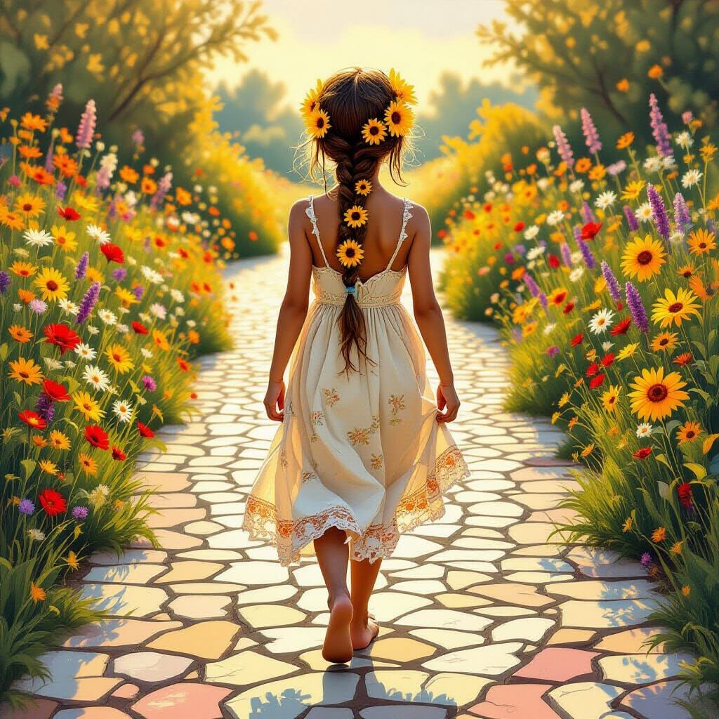 Girl with Sunflowers on Mosaic Road in Folk Art Style