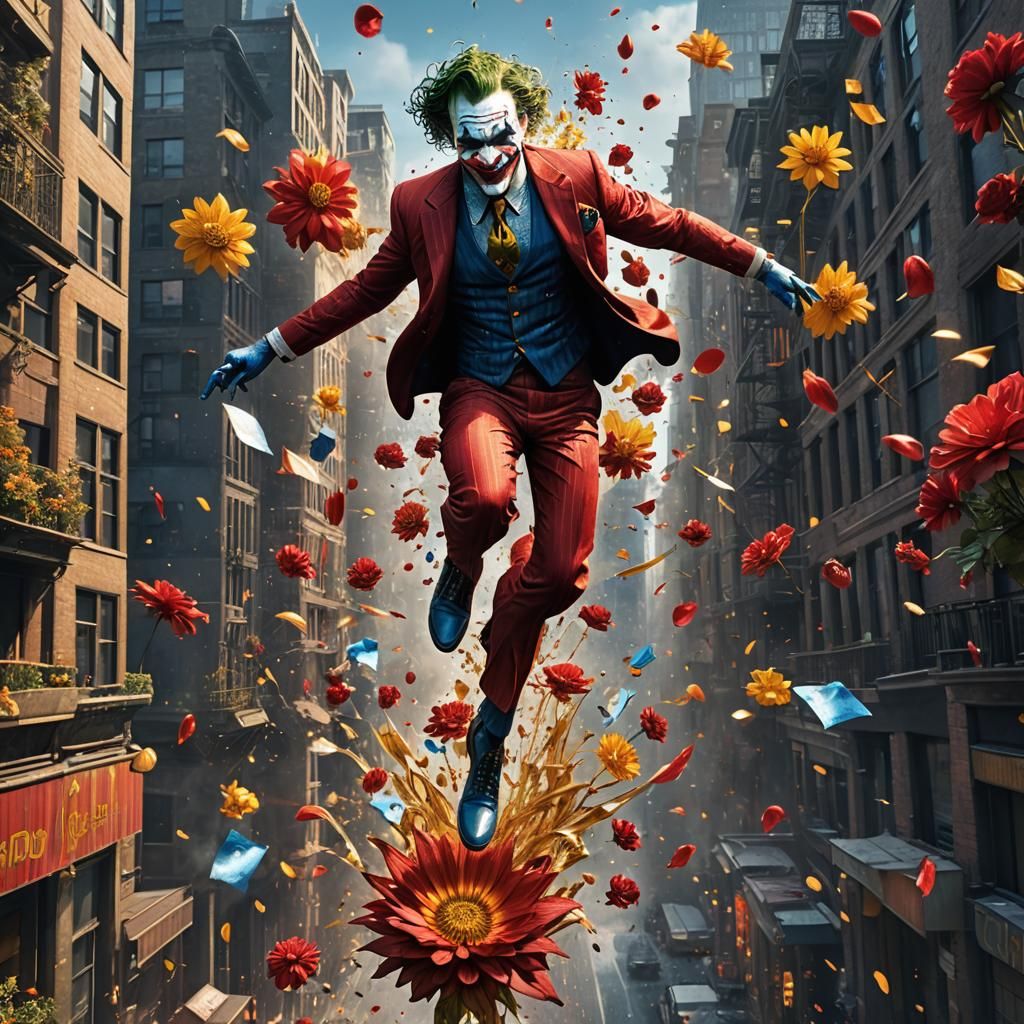 Joker Leaps Through Burning City, Detailed Digital Art