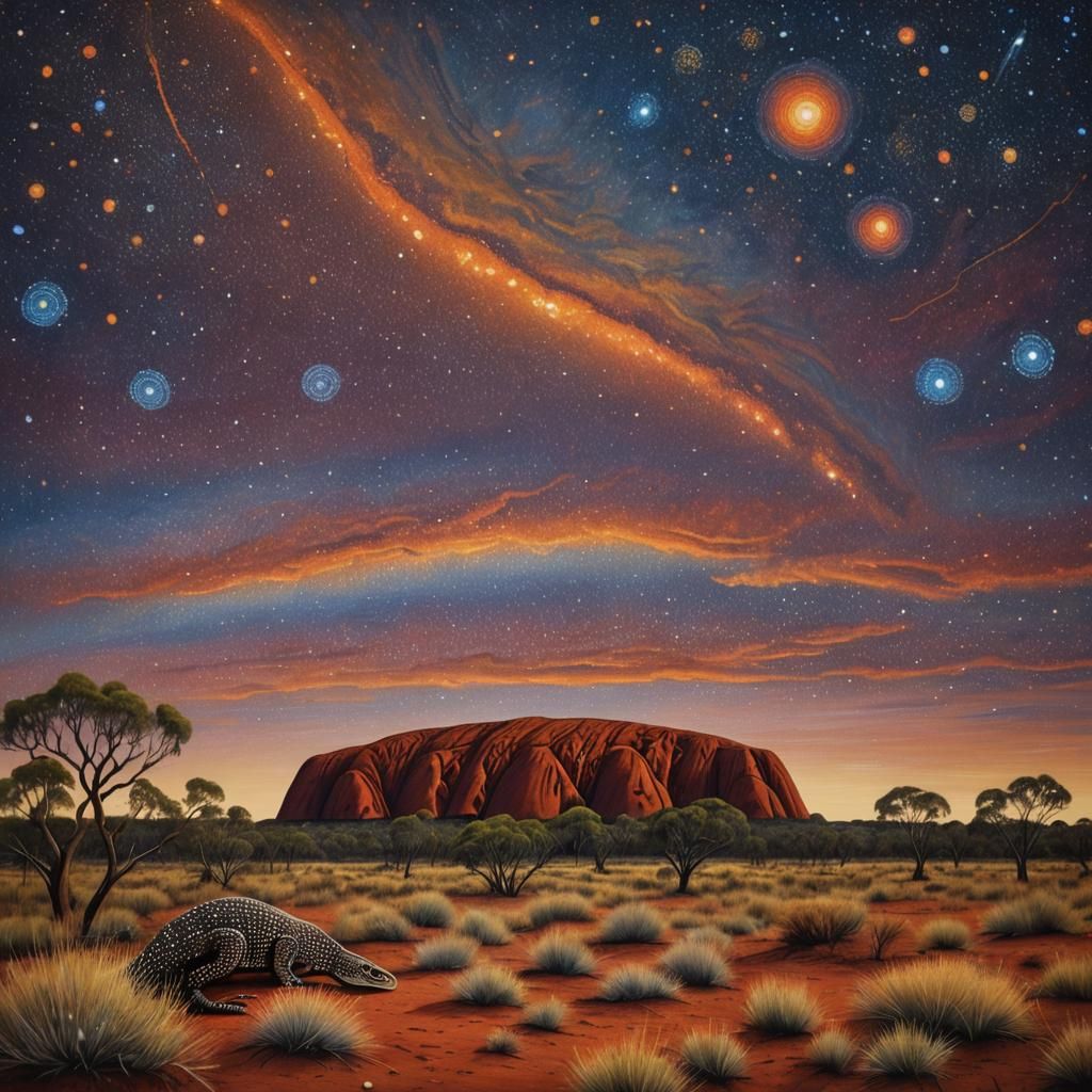 Uluru Goanna Dot Painting Under Yingarna Night Sky